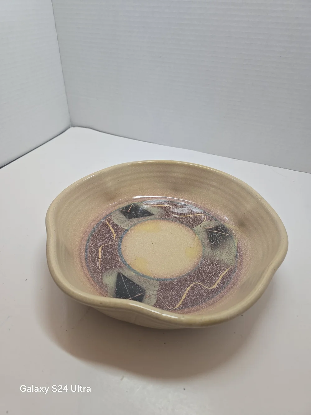 Handmade Ceramic Serving Bowl in Beige with Multicolor Interior